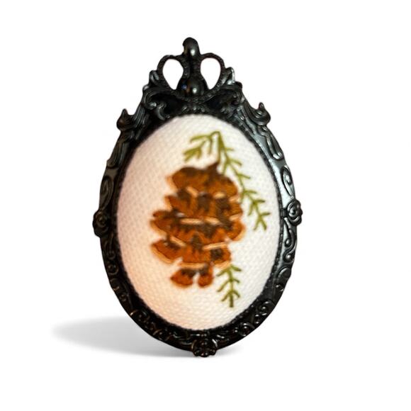 Pine Cone Embroidered Necklace, Handmade Pendant / Broach - Picture 3 of 4